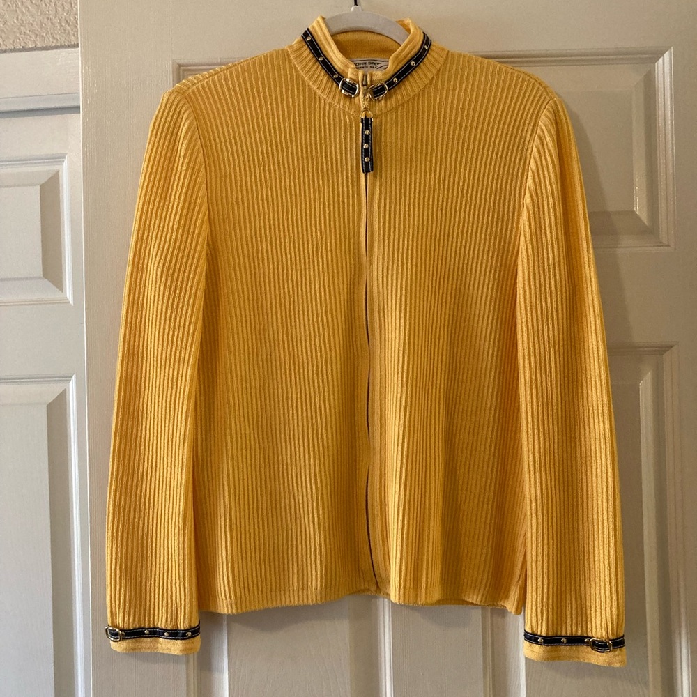 St. John Sport by Marie Gray Golden Yellow Ribbed Top with Leather Accents